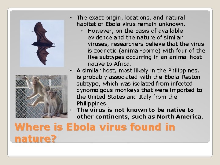  • The exact origin, locations, and natural habitat of Ebola virus remain unknown.