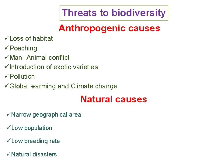 Threats to biodiversity Anthropogenic causes üLoss of habitat üPoaching üMan- Animal conflict üIntroduction of