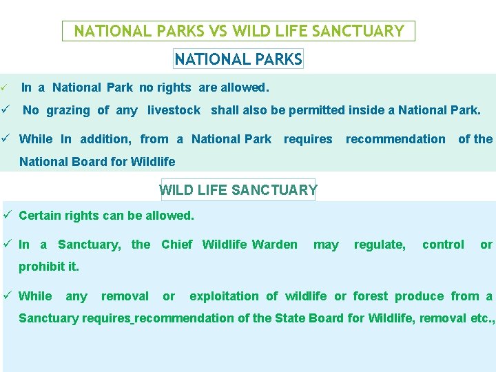 NATIONAL PARKS VS WILD LIFE SANCTUARY NATIONAL PARKS ü In a National Park no