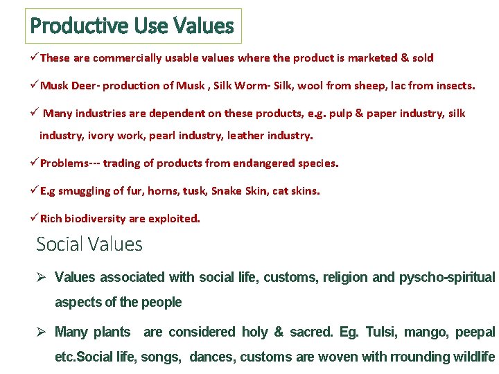 Productive Use Values üThese are commercially usable values where the product is marketed &