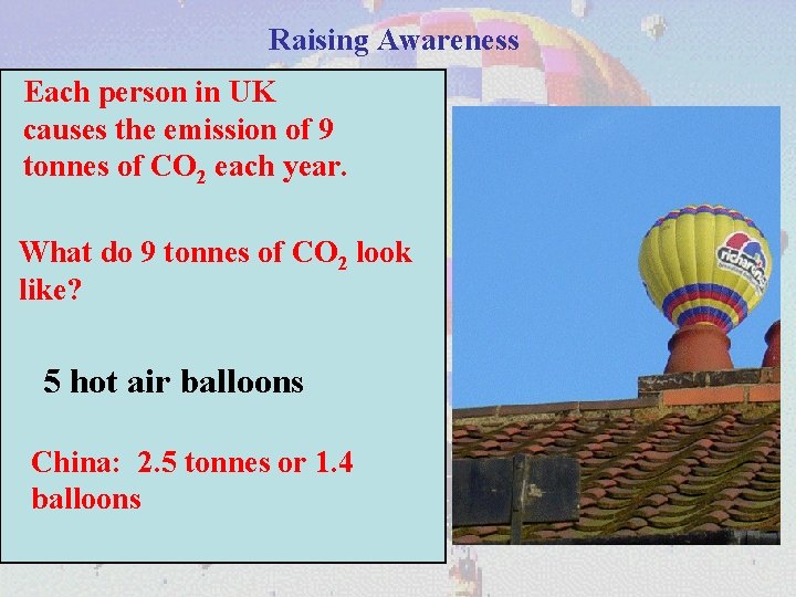 Raising Awareness Each person in UK causes the emission of 9 tonnes of CO