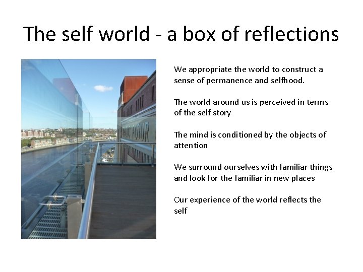 The self world - a box of reflections We appropriate the world to construct