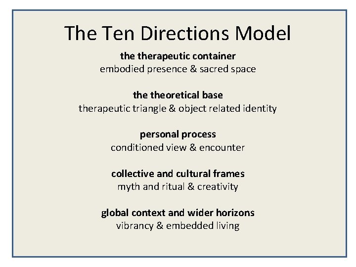 The Ten Directions Model therapeutic container embodied presence & sacred space theoretical base therapeutic