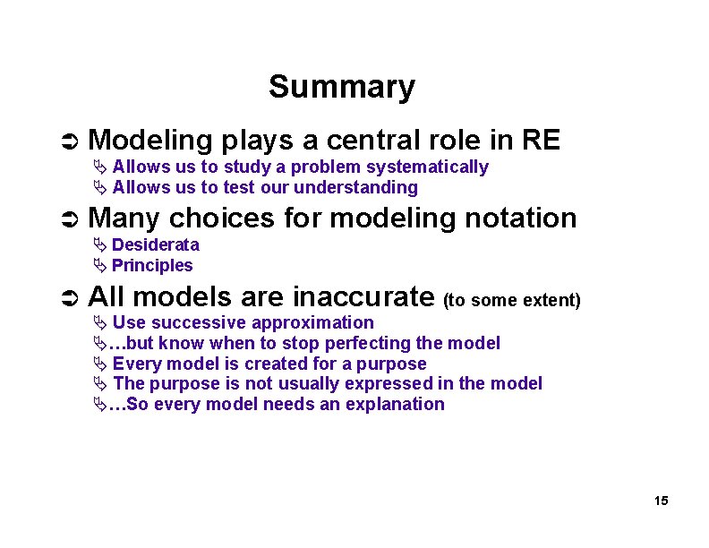 Summary Modeling plays a central role in RE Allows us to study a problem