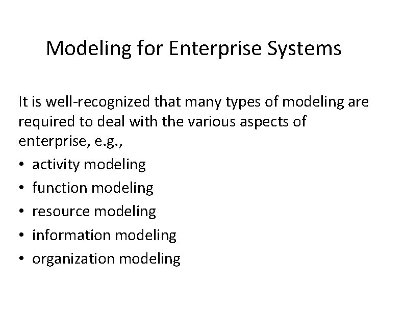 Modeling for Enterprise Systems It is well-recognized that many types of modeling are required