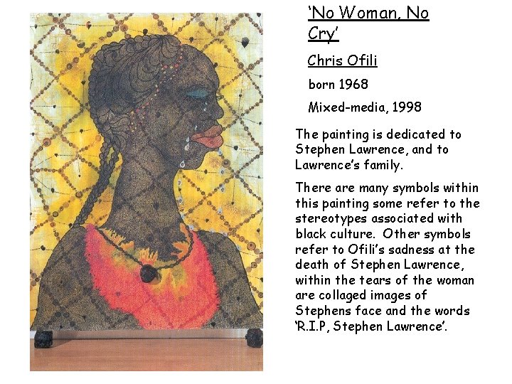 ‘No Woman, No Cry’ Chris Ofili born 1968 Mixed-media, 1998 The painting is dedicated