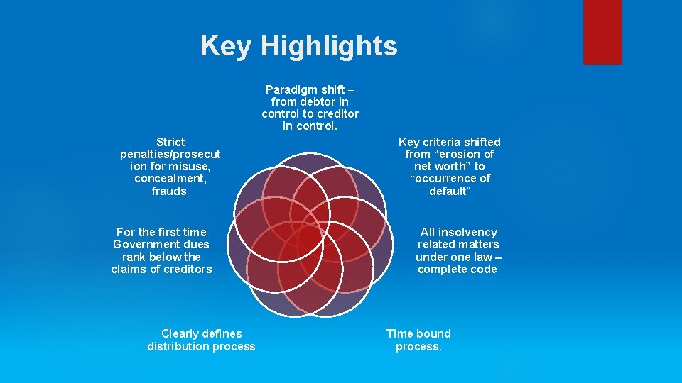Key Highlights Paradigm shift – from debtor in control to creditor in control. Strict