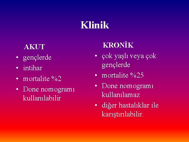 Klinik • • AKUT gençlerde intihar mortalite %2 Done nomogramı kullanılabilir • • KRONİK