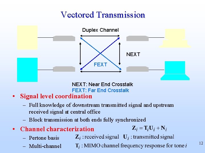 Vectored Transmission Duplex Channel NEXT FEXT NEXT: Near End Crosstalk FEXT: Far End Crosstalk