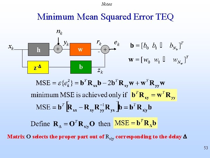 Notes Minimum Mean Squared Error TEQ nk xk h z- + yk w b