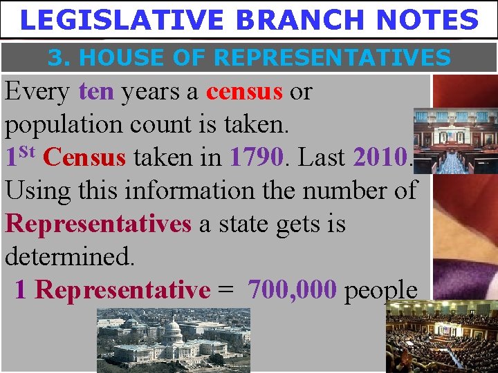 LEGISLATIVE BRANCH NOTES 3. HOUSE OF REPRESENTATIVES Every ten years a census or population