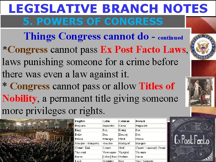 LEGISLATIVE BRANCH NOTES 5. POWERS OF CONGRESS Things Congress cannot do - continued *Congress