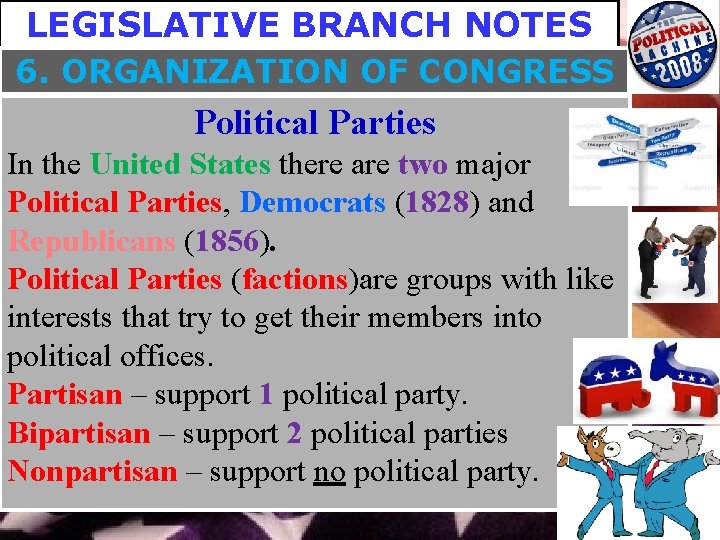 LEGISLATIVE BRANCH NOTES 6. ORGANIZATION OF CONGRESS Political Parties In the United States there