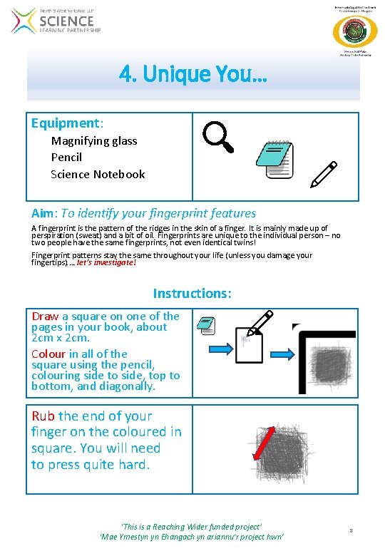 4. Unique You… Equipment: Magnifying glass Pencil Science Notebook Aim: To identify your fingerprint