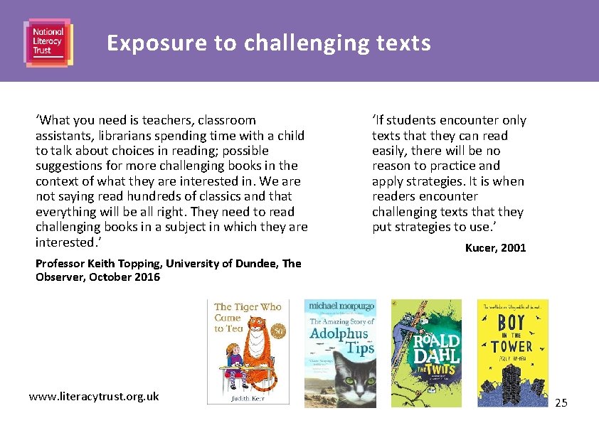 Exposure to challenging texts Heading here ‘What you need is teachers, classroom assistants, librarians