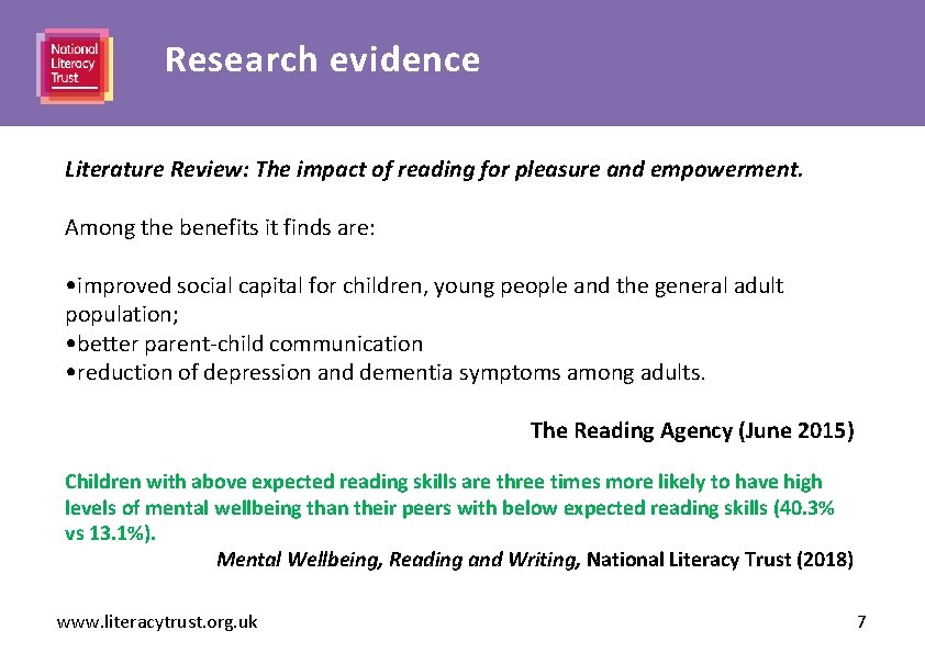 Research evidence Heading here Literature Review: The impact of reading for pleasure and empowerment.