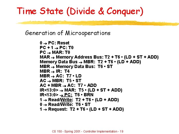 Time State (Divide & Conquer) Generation of Microoperations 0 PC: Reset PC + 1