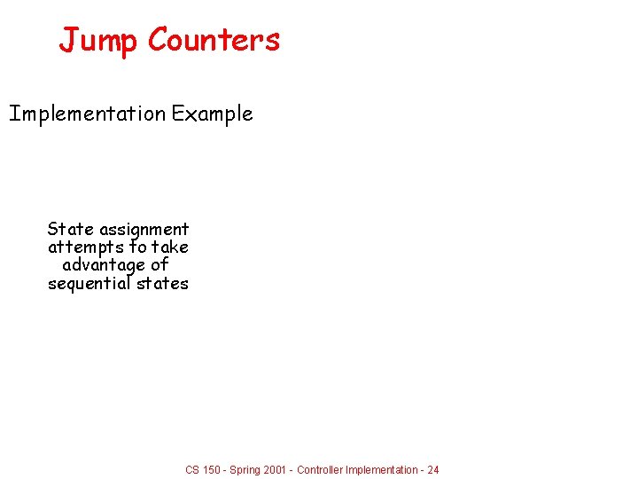 Jump Counters Implementation Example State assignment attempts to take advantage of sequential states CS