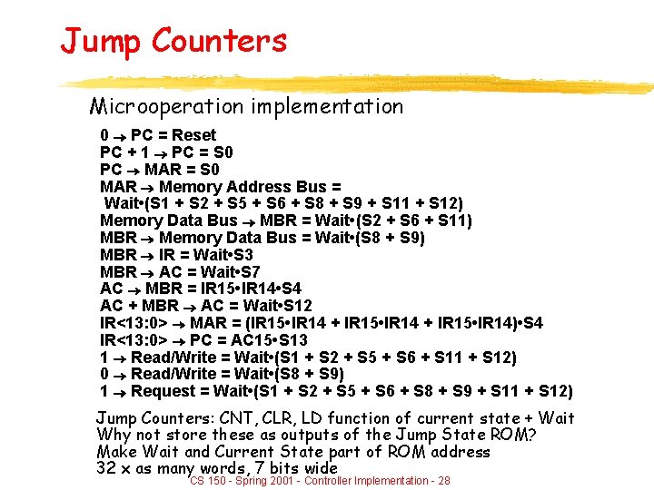 Jump Counters Microoperation implementation 0 PC = Reset PC + 1 PC = S