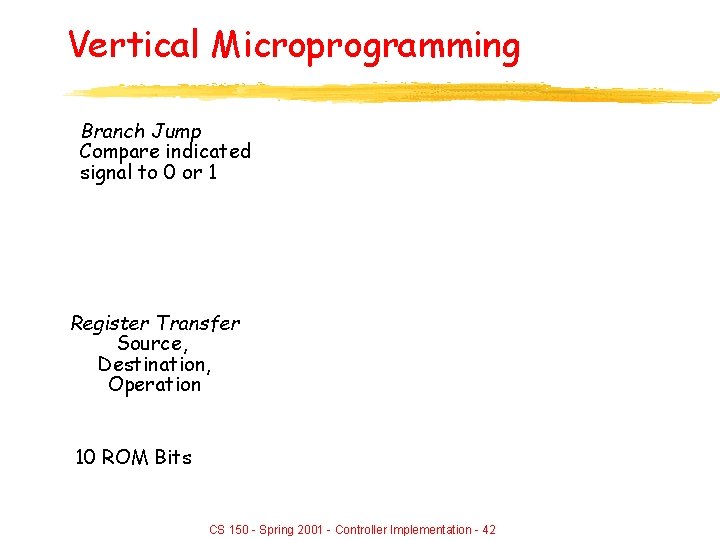 Vertical Microprogramming Branch Jump Compare indicated signal to 0 or 1 Register Transfer Source,