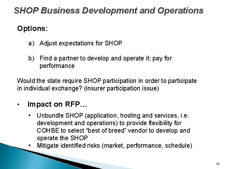 SHOP Business Development and Operations Options: a) Adjust expectations for SHOP b) Find a