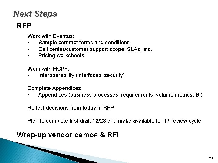 Next Steps RFP Work with Eventus: • Sample contract terms and conditions • Call