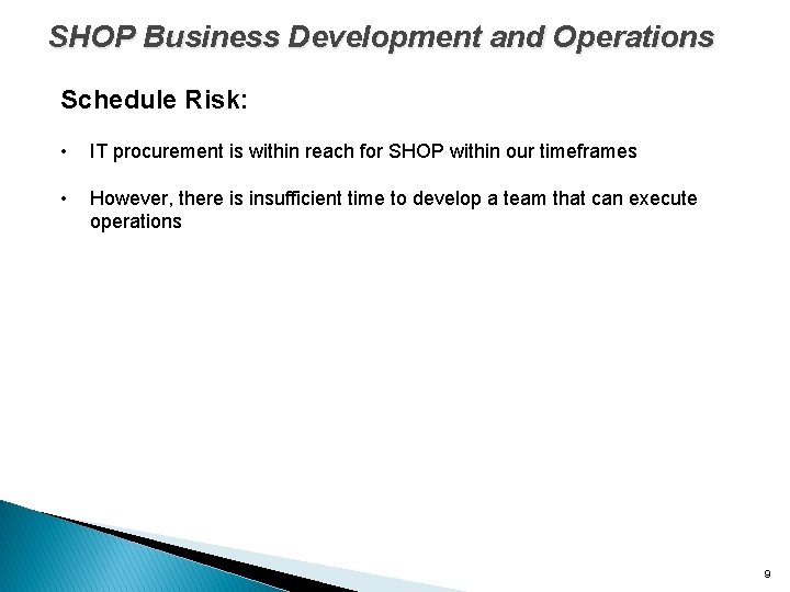 SHOP Business Development and Operations Schedule Risk: • • IT procurement is within reach