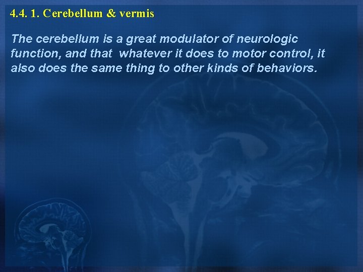 4. 4. 1. Cerebellum & vermis The cerebellum is a great modulator of neurologic