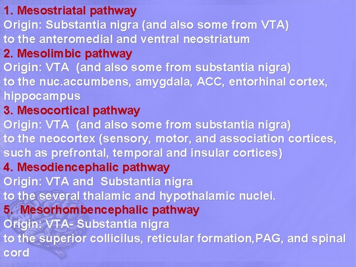 1. Mesostriatal pathway Origin: Substantia nigra (and also some from VTA) to the anteromedial