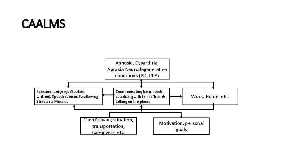 CAALMS Aphasia, Dysarthria, Apraxia Neurodegenerative conditions (PD, PPA) Function: Language (Spoken, written), Speech (Voice),