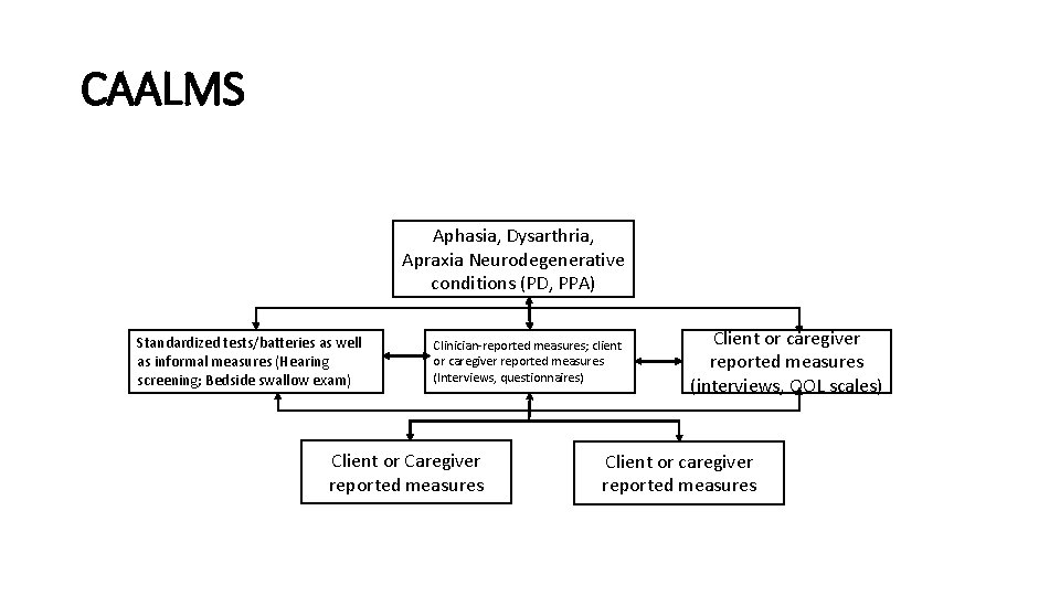 CAALMS Aphasia, Dysarthria, Apraxia Neurodegenerative conditions (PD, PPA) Standardized tests/batteries as well as informal