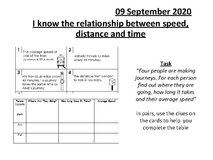 09 September 2020 I know the relationship between speed, distance and time Task “Four