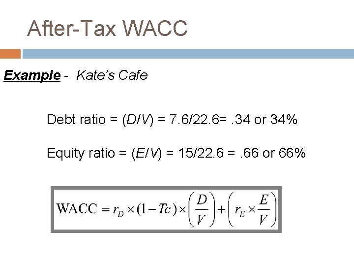 After-Tax WACC Example - Kate’s Cafe Debt ratio = (D/V) = 7. 6/22. 6=.