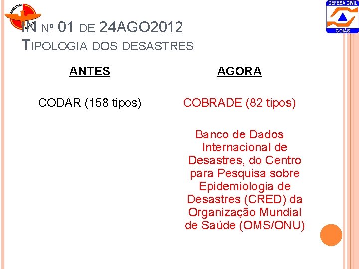 IN Nº 01 DE 24 AGO 2012 TIPOLOGIA DOS DESASTRES ANTES AGORA CODAR (158