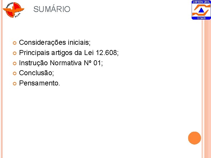 SUMÁRIO Considerações iniciais; Principais artigos da Lei 12. 608; Instrução Normativa Nº 01; Conclusão;