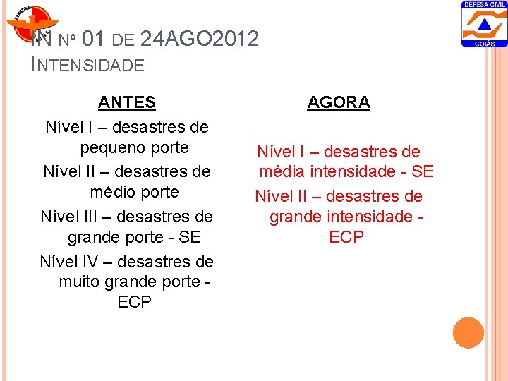 IN Nº 01 DE 24 AGO 2012 INTENSIDADE ANTES Nível I – desastres de