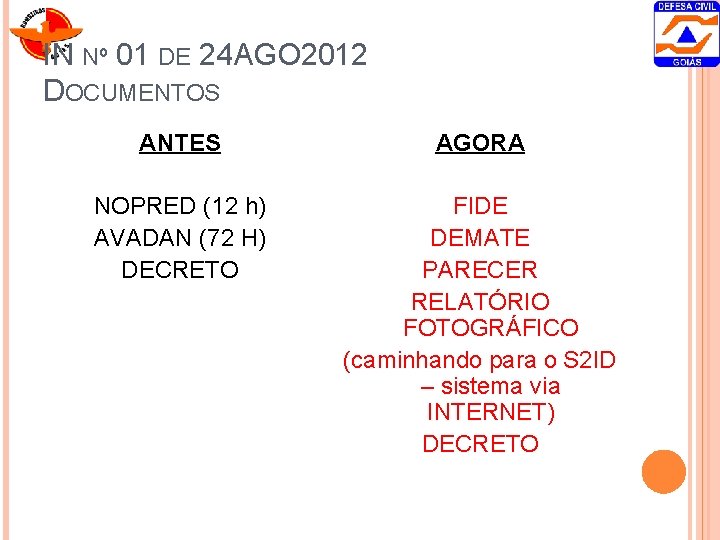 IN Nº 01 DE 24 AGO 2012 DOCUMENTOS ANTES AGORA NOPRED (12 h) AVADAN