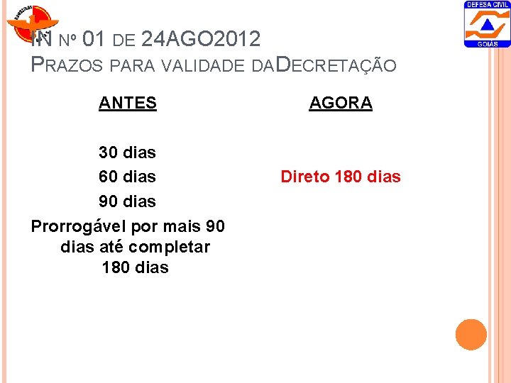 IN Nº 01 DE 24 AGO 2012 PRAZOS PARA VALIDADE DA DECRETAÇÃO ANTES 30