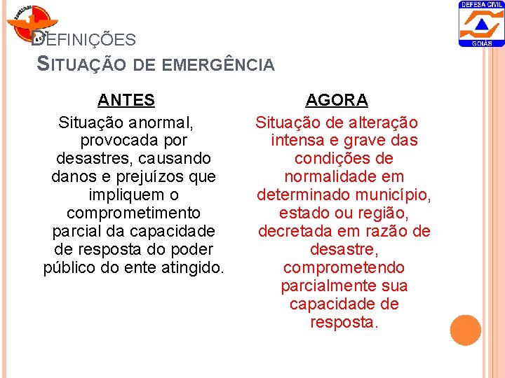DEFINIÇÕES SITUAÇÃO DE EMERGÊNCIA ANTES Situação anormal, provocada por desastres, causando danos e prejuízos