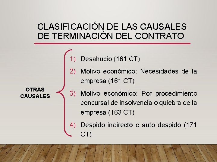 CLASIFICACIÓN DE LAS CAUSALES DE TERMINACIÓN DEL CONTRATO 1) Desahucio (161 CT) 2) Motivo