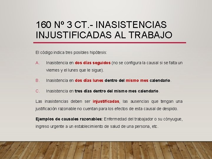160 Nº 3 CT. - INASISTENCIAS INJUSTIFICADAS AL TRABAJO El código indica tres posibles