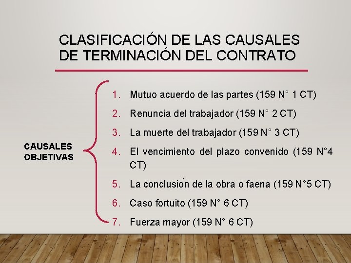 CLASIFICACIÓN DE LAS CAUSALES DE TERMINACIÓN DEL CONTRATO 1. Mutuo acuerdo de las partes