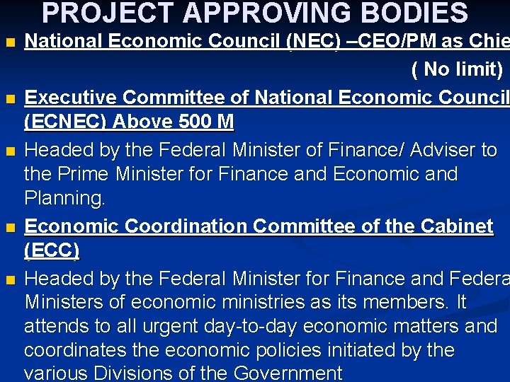 PROJECT APPROVING BODIES National Economic Council (NEC) –CEO/PM as Chie ( No limit) n