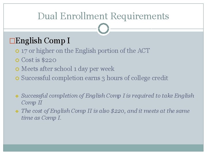 Dual Enrollment Requirements �English Comp I v v 17 or higher on the English