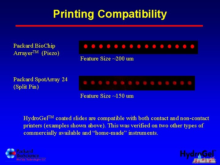 Printing Compatibility Packard Bio. Chip Arrayer. TM (Piezo) Feature Size ~200 um Packard Spot.