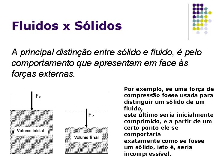 Fluidos x Sólidos A principal distinção entre sólido e fluido, é pelo comportamento que