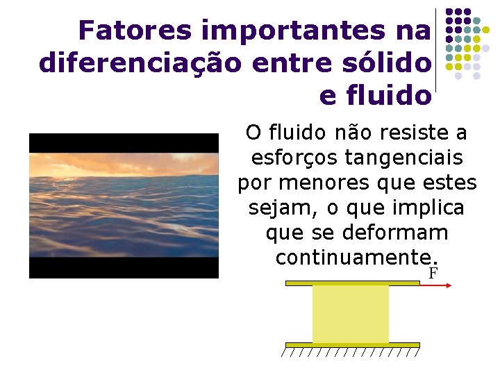 Fatores importantes na diferenciação entre sólido e fluido O fluido não resiste a esforços