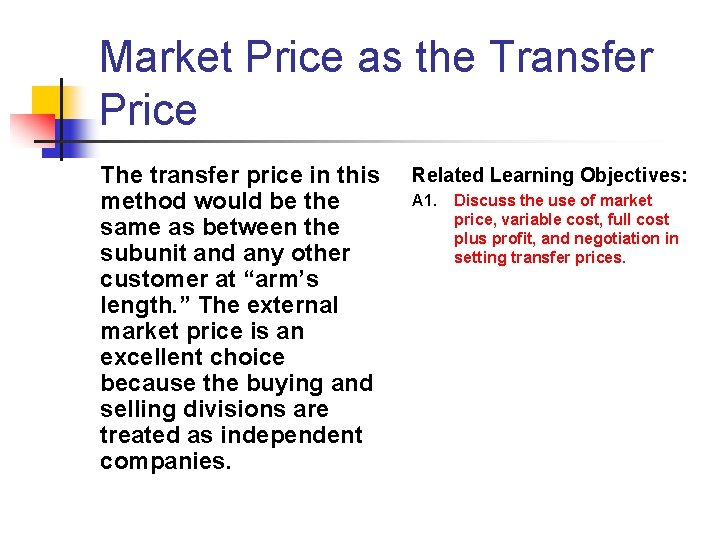 Market Price as the Transfer Price The transfer price in this method would be Market Price as the Transfer Price The transfer price in this method would be