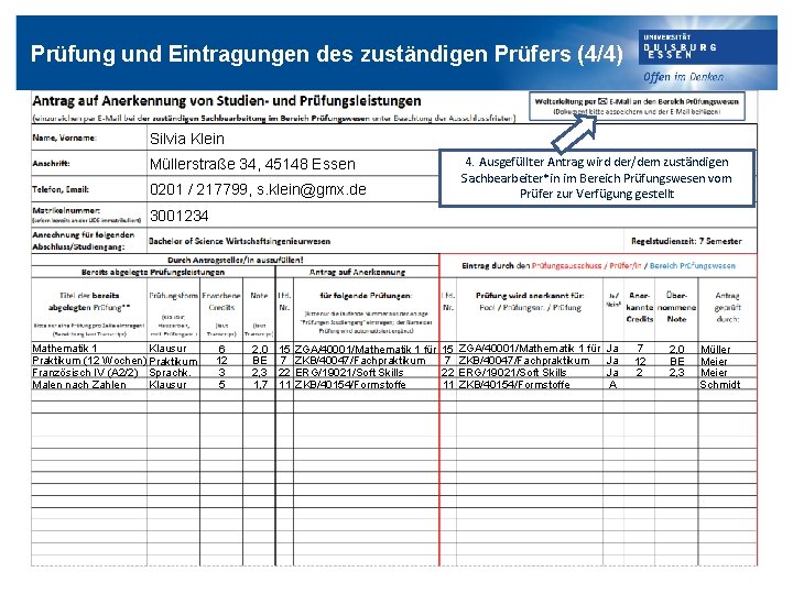Prüfung und Eintragungen des zuständigen Prüfers (4/4) Silvia Klein 4. Ausgefüllter Antrag wird der/dem