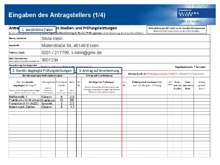 Eingaben des Antragstellers (1/4) 1. persönliche Daten Silvia Klein Müllerstraße 34, 45148 Essen 0201